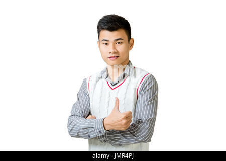 Portrait of a young businessman showing thumb up. Isolé sur fond blanc avec copie espace et chemin de détourage Banque D'Images