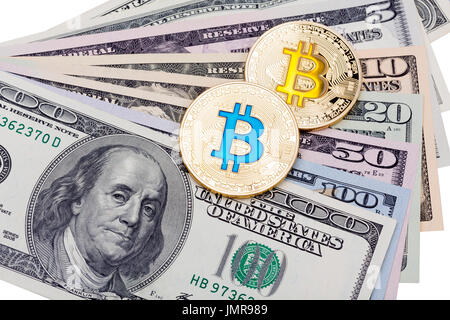 Billets Dollar avec golden cryptocurrency bitc bleu et jaune Banque D'Images