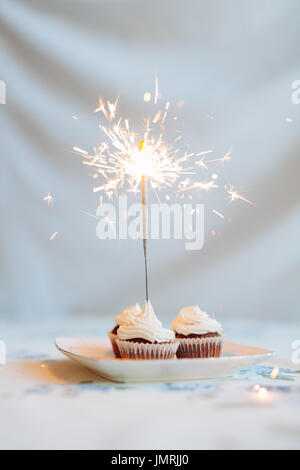 Woman holding cupcake savoureux avec sparkler, Close up Banque D'Images
