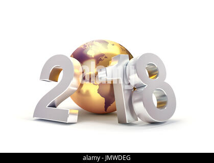 2018 Nouvelle année type composé d'un golden planète terre, isolé sur blanc - 3D illustration Banque D'Images