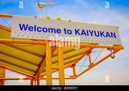 OSAKA, JAPON - 18 juillet, 2017 Information : panneau près de Grande Roue de Tempozan à Osaka, Japon. Il est situé dans la région de Tempozan Harbour Village, à côté de l'Aquarium d'Osaka Kaiyukan Banque D'Images