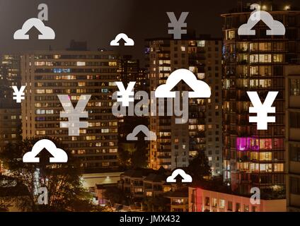 Digital composite de Yen et de charger des icônes sur la ville Banque D'Images