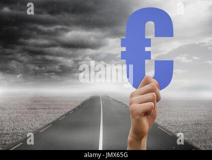 Digital composite of Hand holding euro découper sur route sombre Banque D'Images