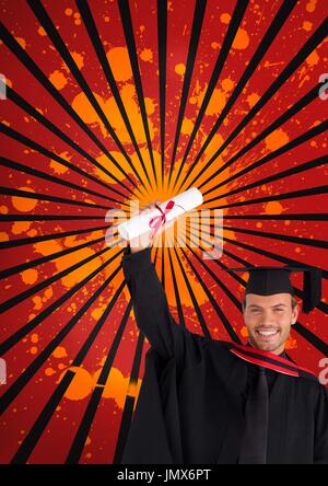 Digital composite de l'heureux homme jeune étudiant titulaire d'un diplôme contre rouge, noir et orange fond éclaboussé Banque D'Images