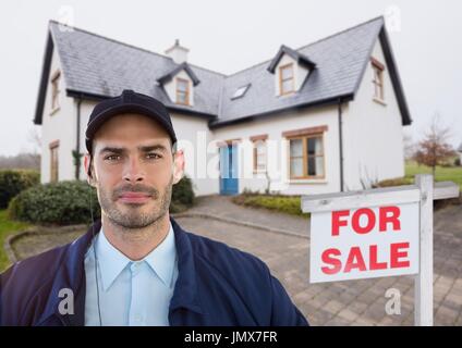 Digital composite de Portrait de security guard standing against house Banque D'Images