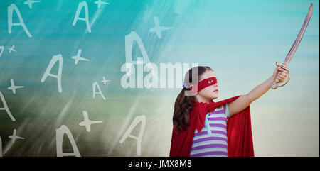 Girl in superhero costume holding sword artificielle contre-plans abstraits turquoise Banque D'Images
