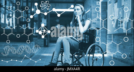 Illustration des formules chimiques à l'égard des personnes handicapées en fauteuil roulant sur l'écolière à l'école du corridor Banque D'Images