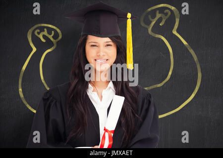 Image Vecteur de part flexing muscles contre portrait de femme gaie est diplômé Banque D'Images
