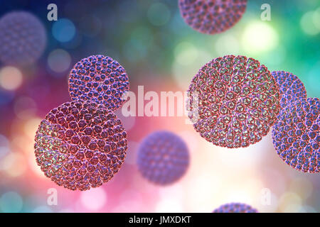 Les rotavirus, particules illustration de l'ordinateur. La particule virale est constituée d'un ARN (acide ribonucléique) noyau entouré d'une triple capside en couches. Les rotavirus sont probablement le plus commun des virus pour infecter les humains et les animaux. Ils sont associés à la gastro-entérite et la diarrhée - généralement d'infecter les intestins des enfants âgés de 6 mois à 3 ans. Les virus se propagent dans les fèces. Banque D'Images