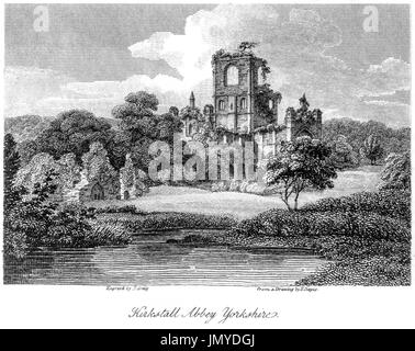 Une gravure de Kirkstall Abbey, Yorkshire numérisées à haute résolution à partir d'un livre imprimé en 1808. Croyait libres de droit. Banque D'Images