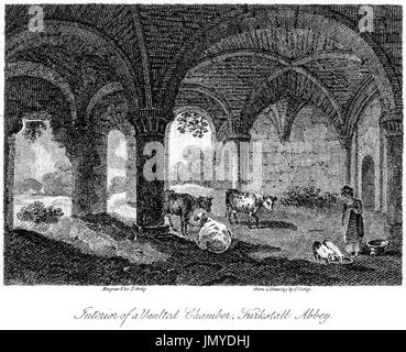 Une gravure de l'intérieur d'une chambre voûtée, Kirkstall Abbey numérisées à haute résolution à partir d'un livre imprimé en 1808. Croyait libres de droit. Banque D'Images