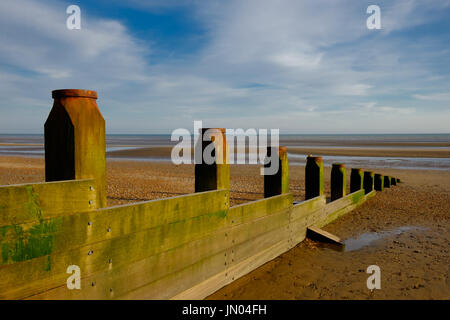 Brise-vague en bois sur Camber Sands Beach à marée basse, East Sussex, Angleterre Banque D'Images