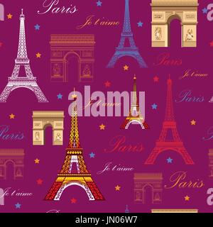 Modèle transparent avec des monuments de Paris (Tour Eiffel colorée et de triomphe) sur fond rose Illustration de Vecteur