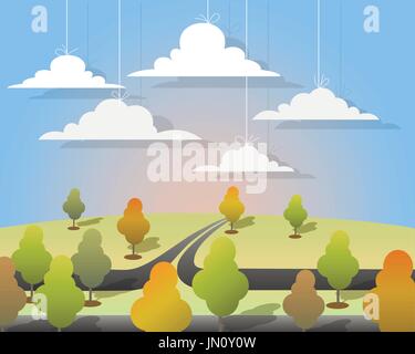 Nature Paysage avec Prairie et arbres. Vector illustration papier en coupe Illustration de Vecteur