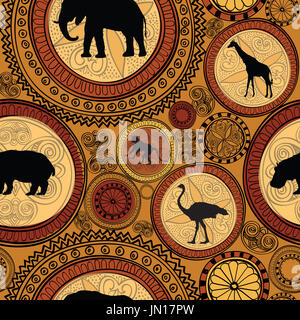 Motif transparent ethniques en Afrique. Abstract background avec des animaux d'Afrique. Banque D'Images