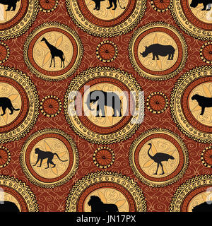 Motif transparent ethniques en Afrique. Abstract background avec des animaux d'Afrique. Banque D'Images