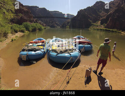 Flagstaff, Arizona, USA. Le 25 juillet, 2017. Le 24 juillet 2017. Le bateau beach à Phantom Ranch trail offre un répit des eaux rugissant et une chance de se connecter avec la civilisation au fond du canyon. Un groupe de coureurs de la rivière est parti de Lee's Ferry Arizona sur un 221 km de la rivière Colorado décent à travers les temps géologiques exposées à l'érosion dans le Parc National du Grand Canyon à Diamond Creek sur le Hualapi Réserve amérindienne à l'extrémité ouest du parc. Credit : Ralph Lauer/ZUMA/Alamy Fil Live News Banque D'Images