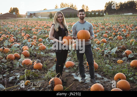 Portrait de couple holding pumpkin dans champ de citrouille Banque D'Images