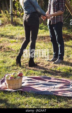 Couple holding hands and standing in apple orchard Banque D'Images