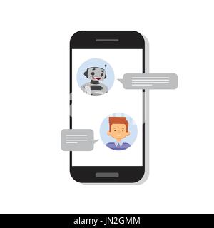 L'homme chat avec des Chat Bot sur Cell Smart Phone, Robot l'assistance virtuelle Élément de site Web ou applications mobiles Illustration de Vecteur