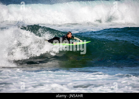 Australian man in wetsuit bodyboard surf sur une vague lors d'une plage de Sydney, Nouvelle Galles du Sud, Australie Banque D'Images