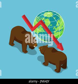 Télévision 3D isométrique avec la lutte contre l'ours et la baisse mondiale graphique. Baissier concept boursière et financière. Illustration de Vecteur