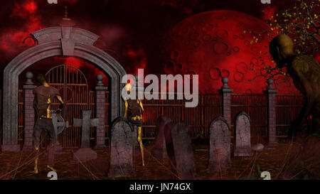 Zombies dans le cimetière de brouillard fantasmagorique nuit rouge - 3D Rendering Banque D'Images