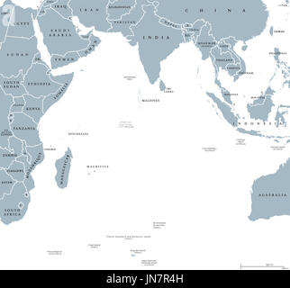Carte politique de l'Océan Indien avec des pays et des frontières. L'étiquetage en anglais. Délimité par l'Asie, l'Afrique, l'Australie et l'Antarctique. L'illustration. Banque D'Images