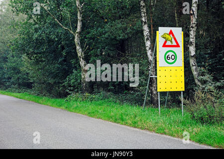 Panneau d'avertissement "route des sangliers crossing', Gueldre, Pays-Bas | Warnschild Wildschweine queren "die Strasse', Gueldre, Pays-Bas Banque D'Images