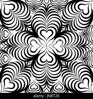 Abstract floral seamless pattern avec noir et blanc forme de coeur ornement géométrique swirl doodle. texture background effet optique ondes ornementales Banque D'Images