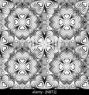 Abstract floral seamless pattern avec noir et blanc forme de coeur ornement géométrique swirl doodle. texture background effet optique ondes ornementales Banque D'Images