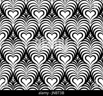 Abstract floral seamless pattern avec noir et blanc forme de coeur ornement géométrique swirl doodle. texture background effet optique ondes ornementales Banque D'Images