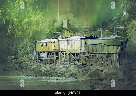 Paysage de maisons anciennes entre la nature en campagne avec un style de peinture à l'aquarelle, illustration Banque D'Images