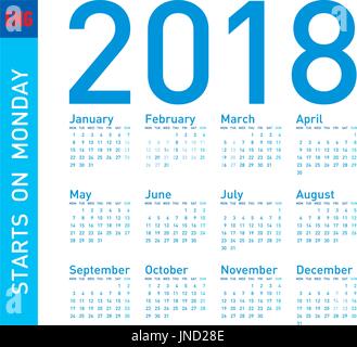 Bleu simple pour l'année civile 2018, en format vectoriel. Semaine commence le lundi. Illustration de Vecteur