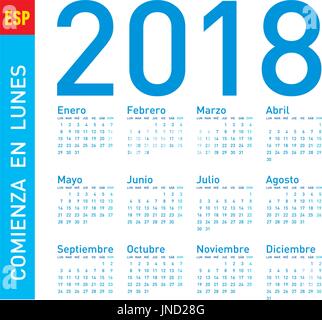 Calendrier simple bleu pour l'année 2018, dans les scénarios. En Espagnol. Semaine commence le dimanche. Illustration de Vecteur