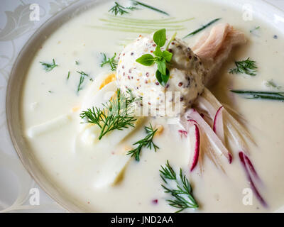 Okroshka avec du poulet et une boule de glace à la moutarde sur le kéfir Banque D'Images