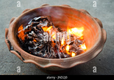 Les gens brûlent joss paper or et l'argent pour le culte du papier avec du papier fait à ressembler à de l'argent et brûlés comme offrande sacrificielle pour prier Dieu et memo Banque D'Images