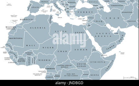 L'Afrique du Nord et Moyen-Orient carte politique avec les pays et les frontières. L'étiquetage en anglais. Maghreb, de la Méditerranée, l'Ouest et les pays d'Asie centrale. Banque D'Images