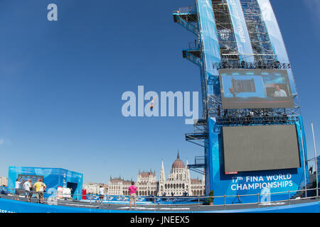 Budapest. 29 juillet, 2017. Les pratiques d'un concurrent avant la ronde finale de la Men's 27m High Dive à la 17e finale des Championnats du Monde FINA à Budapest, Hongrie le 29 juillet 2017. Credit : Attila Volgyi/Xinhua/Alamy Live News Banque D'Images