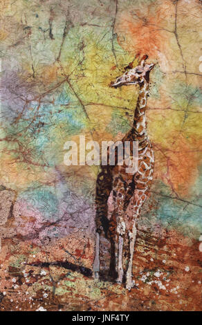 Batik aquarelle sur papier de riz japonais de giraffe walking à Zoological Park en Caroline du Nord. Art girafe. Girafe aquarelle. Banque D'Images