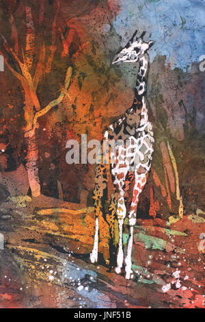 Batik aquarelle sur papier de riz japonais de giraffe walking à Zoological Park en Caroline du Nord. Art girafe. Girafe aquarelle. Banque D'Images