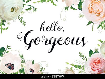 Vector floral design conception de carte. Anémone Rose Ranunculus jardin de fleurs, Eucalyptus, feuilles vertes les plantes mix. Message d'invitation w Illustration de Vecteur
