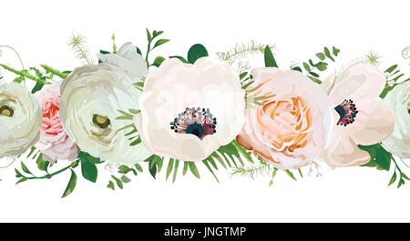 Profil de transparente Rose, couronne de fleurs Bouquet de renoncules Anemone border frame Vector design. Peach rose blanc fleurs d'eucalyptus aux herbacées m Illustration de Vecteur