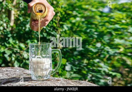 Man pouring beer d'un jar dans un mug dans le parc aux beaux jours d'été Banque D'Images