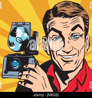 Portrait avatar de l'homme avec l'appareil photo rétro. Pop art retro vector illustration Illustration de Vecteur