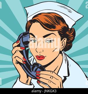 Portrait d'une infirmière ou d'un avatar avec le téléphone. Pop art retro vector illustration Illustration de Vecteur
