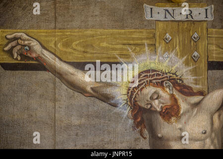 La crucifixion, Jésus avec la couronne d'épines, un ancien retable de 1613 par un artiste inconnu à Jorlunde église, Danemark - 25 juillet 2017 Banque D'Images