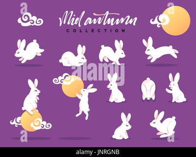 Ensemble de lapin heureux illustration. Mid-Autumn Festival. Illustration de Vecteur