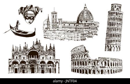 Symboles de l'architecture italienne : Coliseum, Duomo Santa Maria del Fiore, la tour de Pise, la basilique San Marco, gondole, masque de carnaval. Croquis illu vectorielle . Illustration de Vecteur