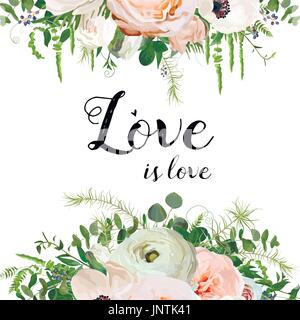 Vector floral design card. Anémone Rose Pink ranunculus amaranthus jardin de fleurs, fougères vert eucalyptus mix. Message d'invitation pour mariage. Squar Illustration de Vecteur